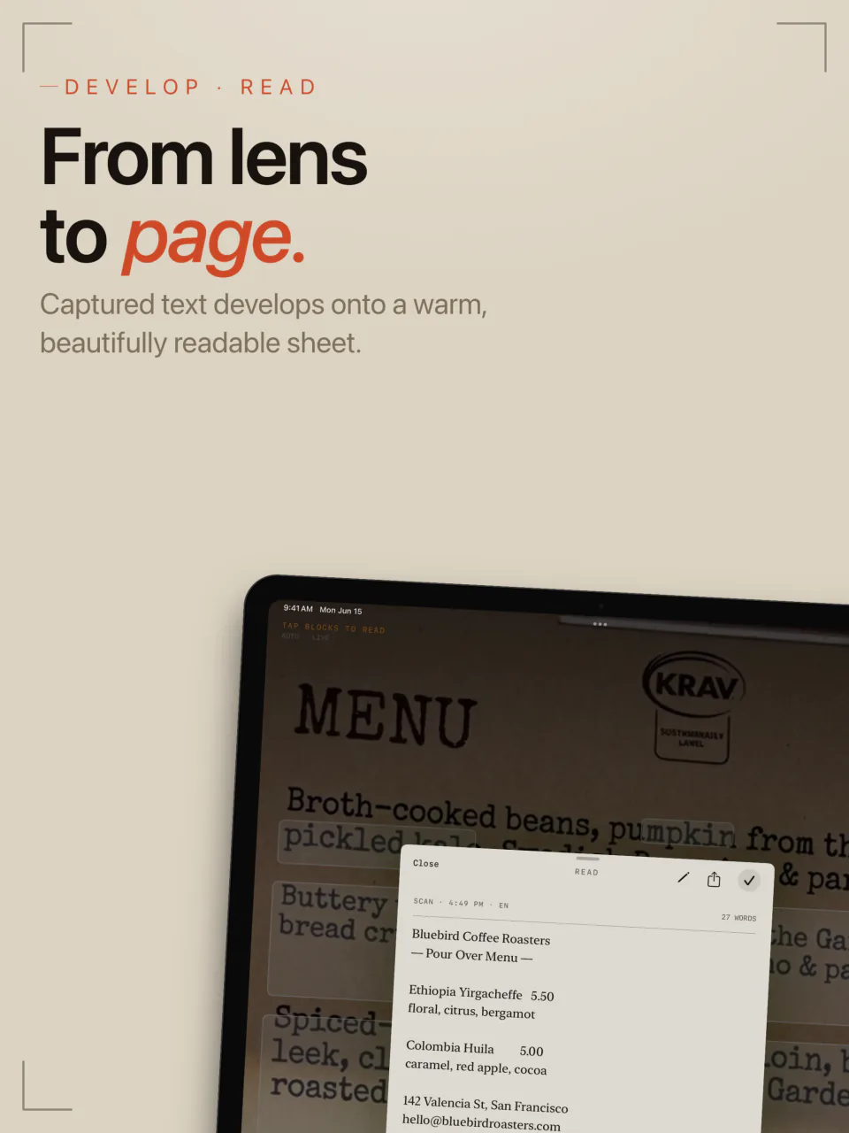 Text captured from a menu on iPad, shown on LiveScan’s warm reading sheet