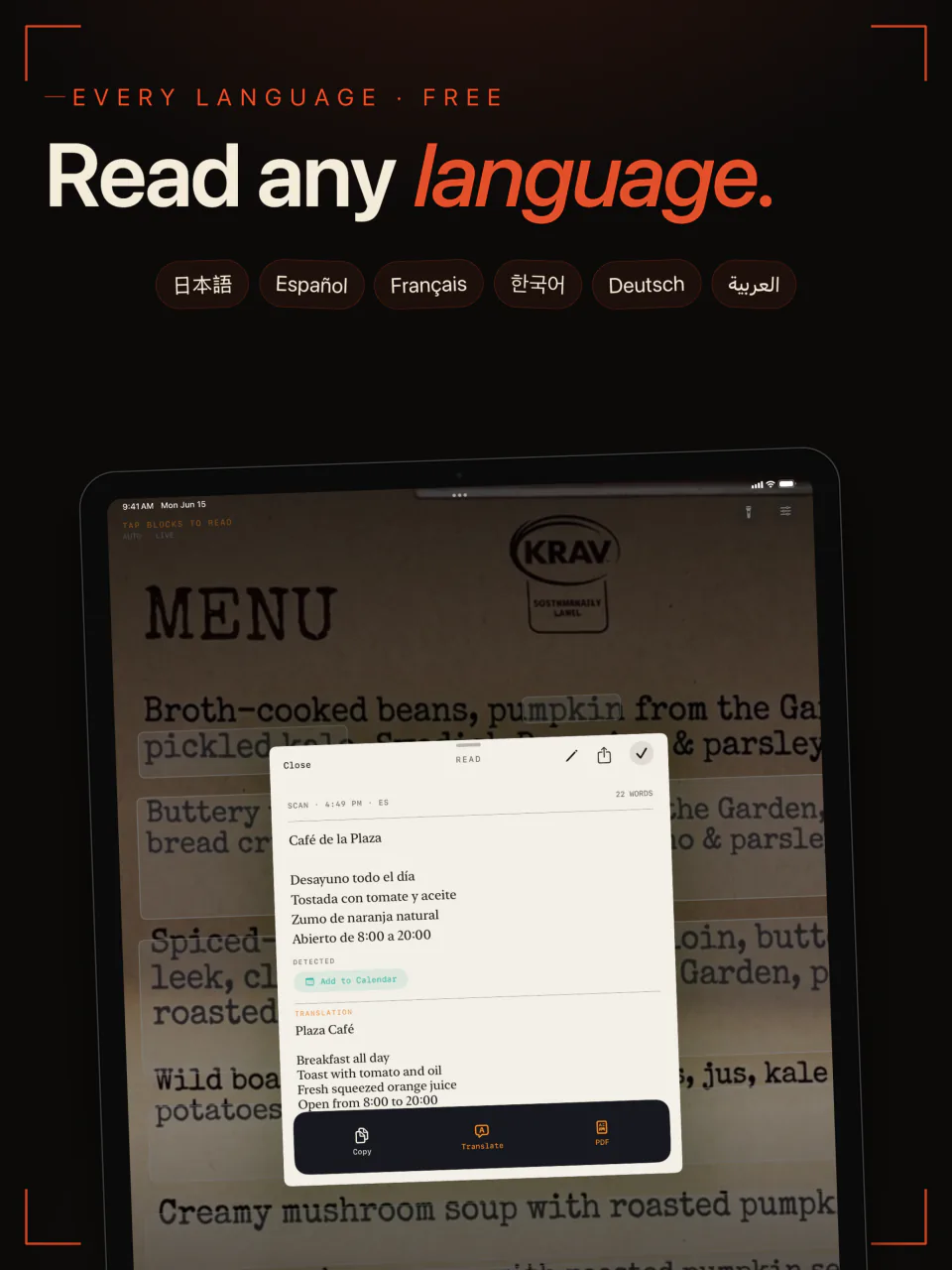 LiveScan on iPad reading a Spanish café menu, with Japanese, Spanish, French, Korean, German, and Arabic among its languages