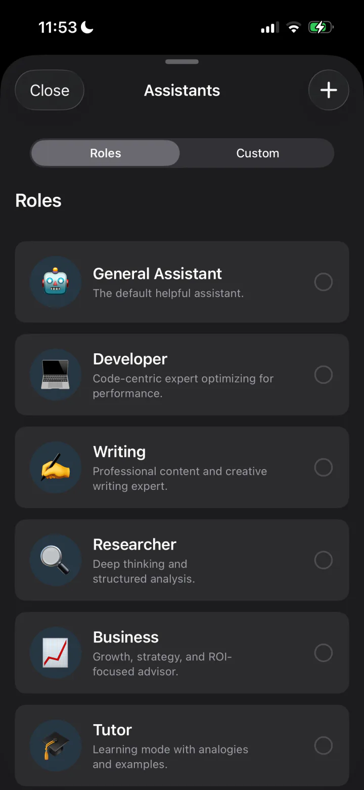 Custom AI assistants like Developer, Writing, and Tutor in LocalMind AI