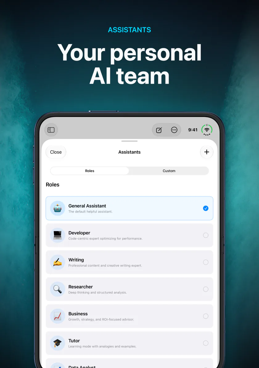 Choosing an assistant such as General, Developer, Writing, or Researcher in LocalMind AI on iPhone Duo