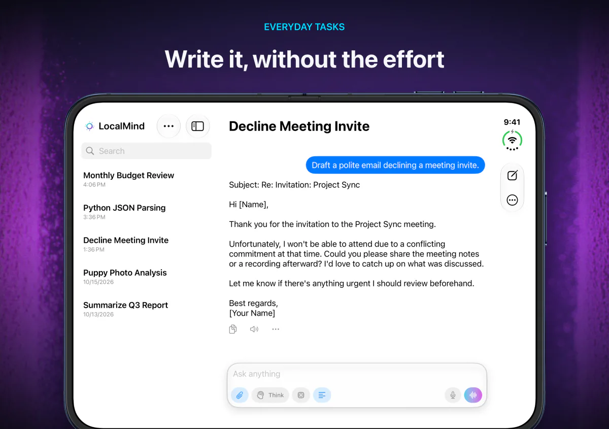 LocalMind AI on iPhone Duo held sideways, with the chat list beside a drafted email declining a meeting invite