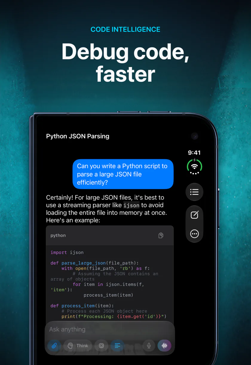 LocalMind AI on the iPhone Duo outer screen writing Python code to read a large JSON file