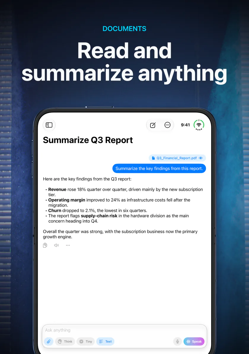 LocalMind AI on iPhone Duo summarizing the key findings of a quarterly report on-device
