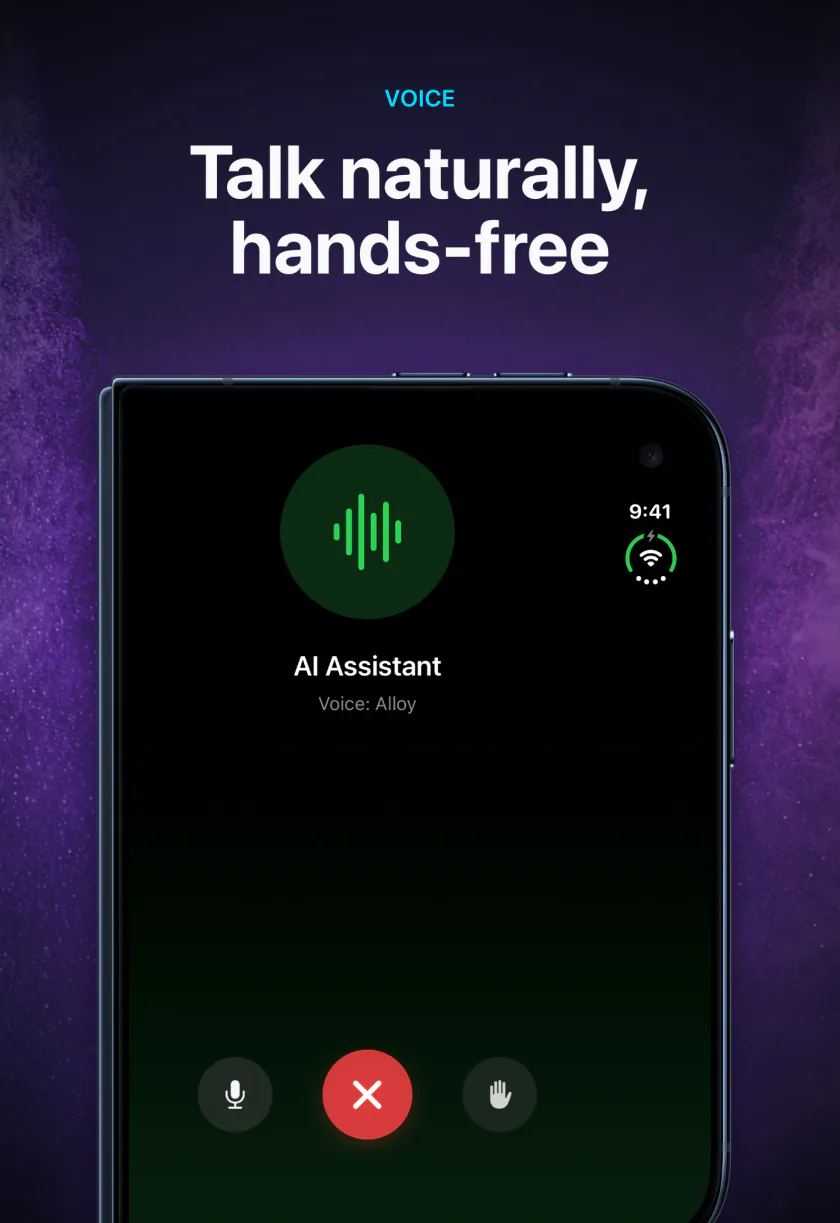 A hands-free voice conversation with an offline AI in LocalMind AI on the iPhone Duo outer screen