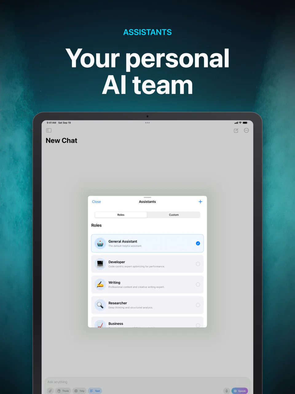 Choosing a custom assistant such as General, Developer, Writing, or Researcher in LocalMind AI on iPad