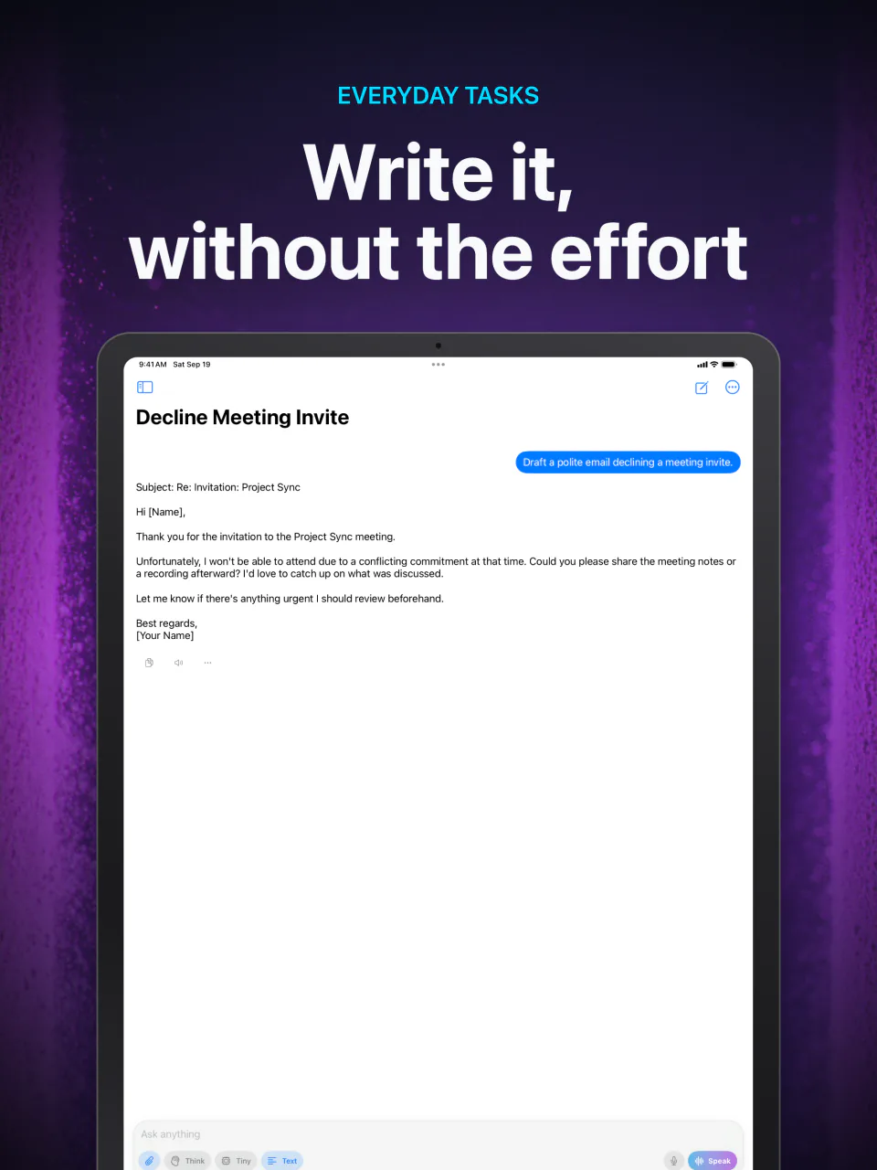 LocalMind AI on iPad drafting a polite email that declines a meeting invite, entirely offline