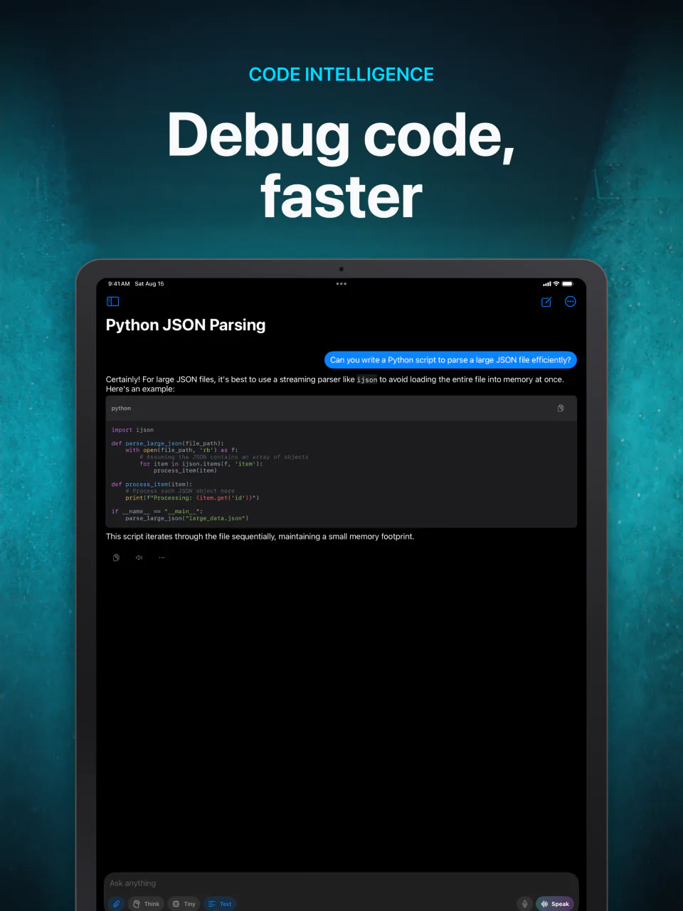 LocalMind AI on iPad writing Python code to parse a large JSON file with a local AI model