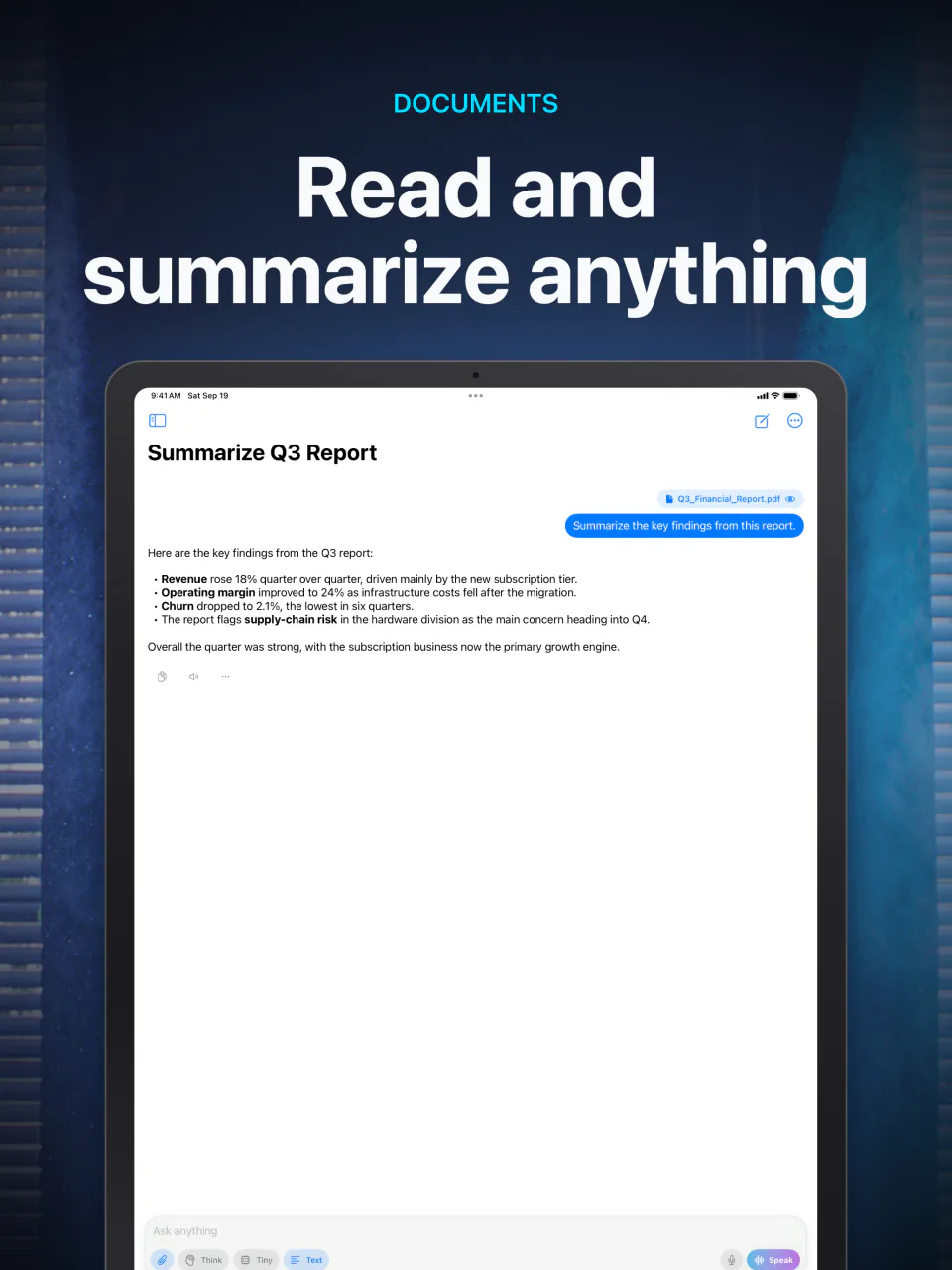 LocalMind AI on iPad summarizing the key findings of a quarterly report on-device