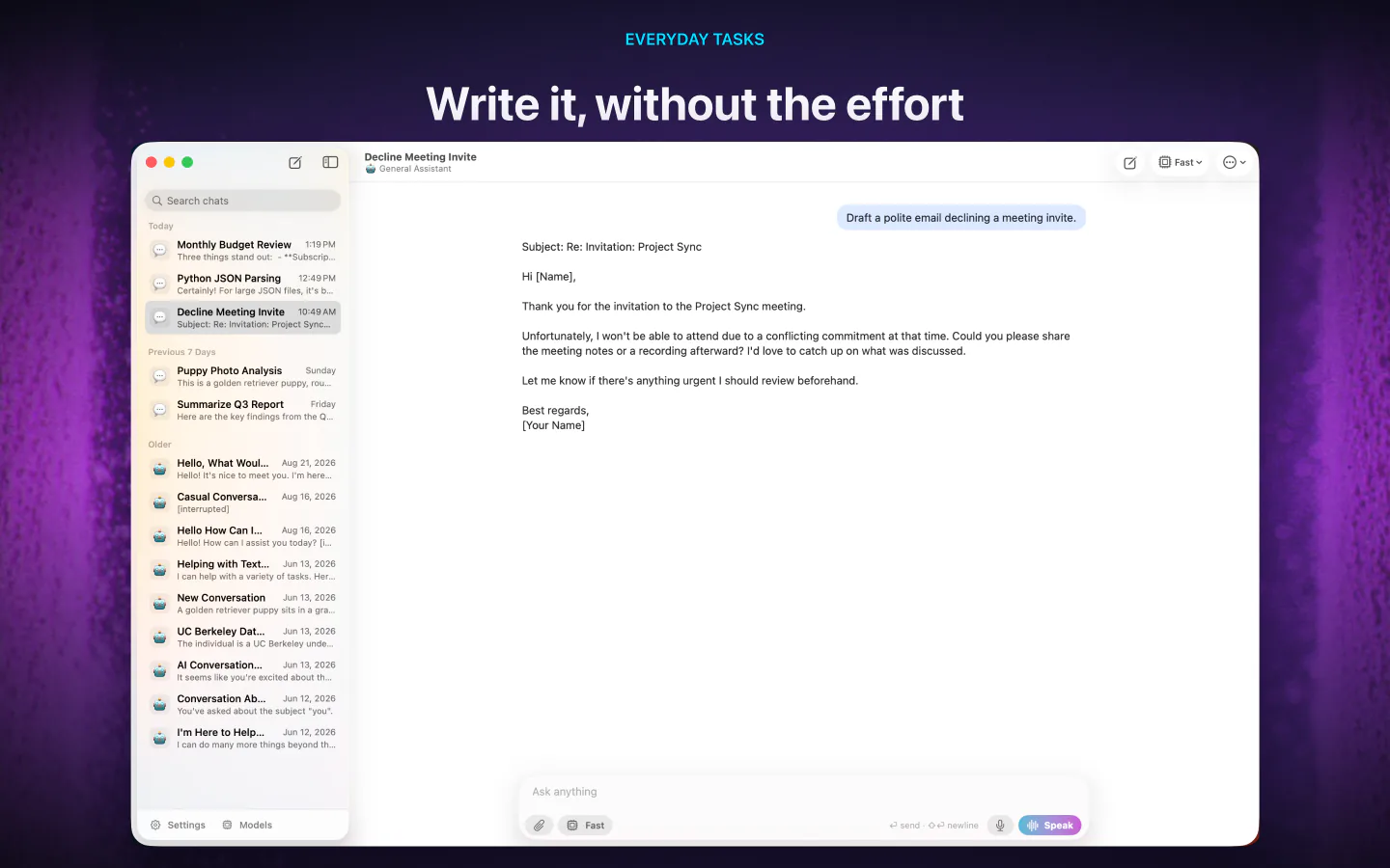 LocalMind AI on Mac drafting a polite email that declines a meeting invite, with the chat list beside it