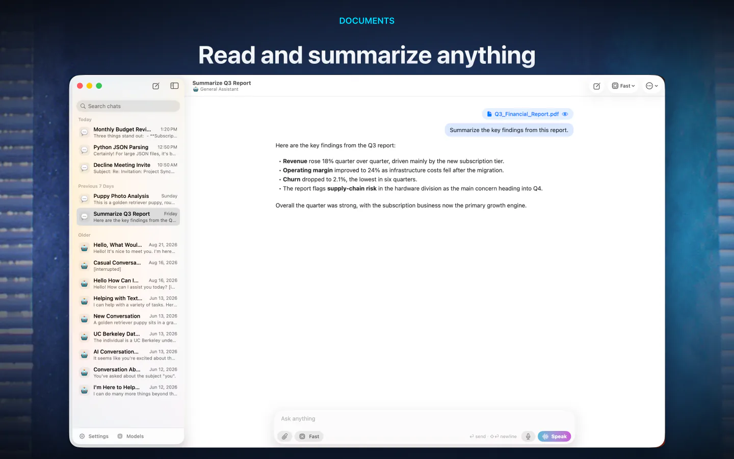 LocalMind AI on Mac summarizing the key findings of a quarterly report on-device