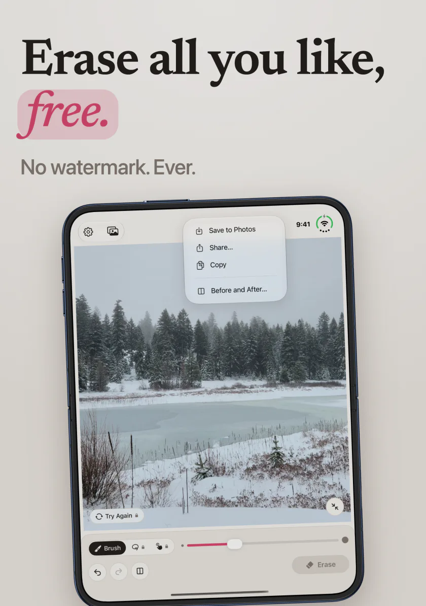 Mend on iPhone Duo showing a snowy lake with no watermark, and the Save to Photos, Share, and Before and After menu
