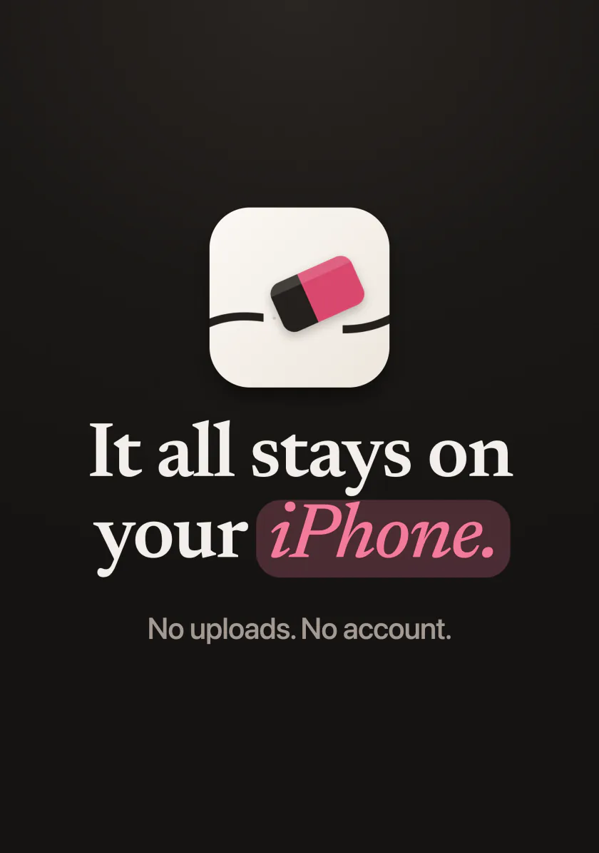 The Mend app icon with the words: it all stays on your iPhone, no uploads, no account