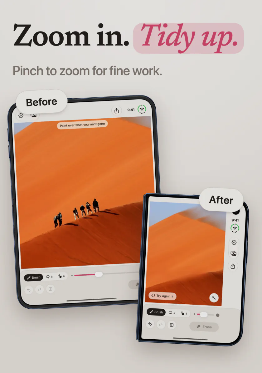 A photo of hikers on an orange sand dune before and after Mend on iPhone Duo erased them