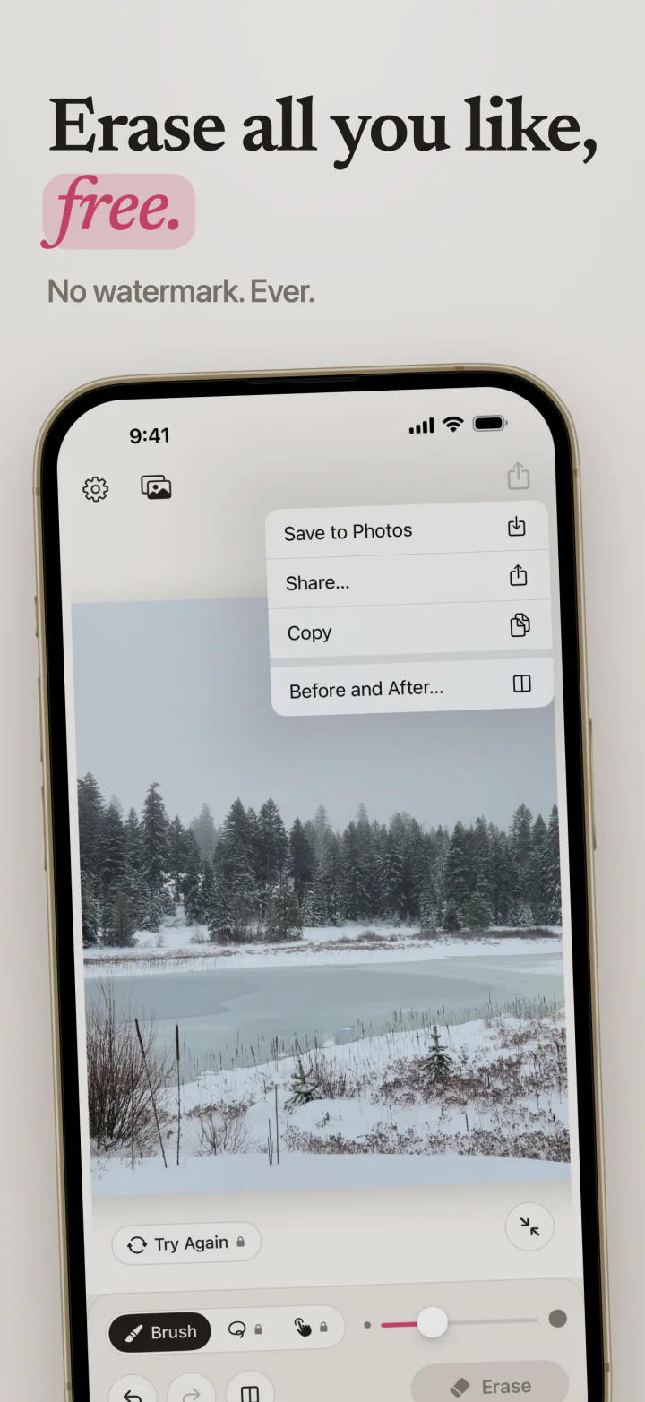 Mend on iPhone showing a snowy lake with no watermark, and the Save to Photos, Share, and Before and After menu