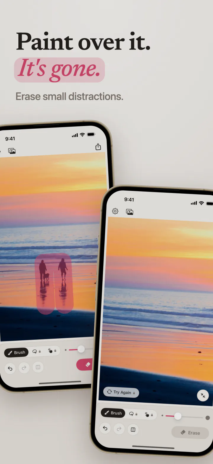 Mend on iPhone with two people on a sunset beach painted over in pink, and the same beach with them erased