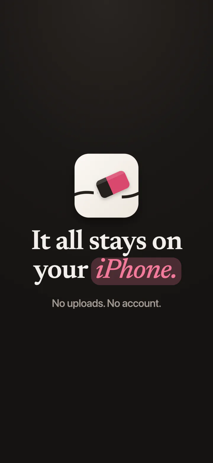 The Mend app icon with the words: it all stays on your iPhone, no uploads, no account
