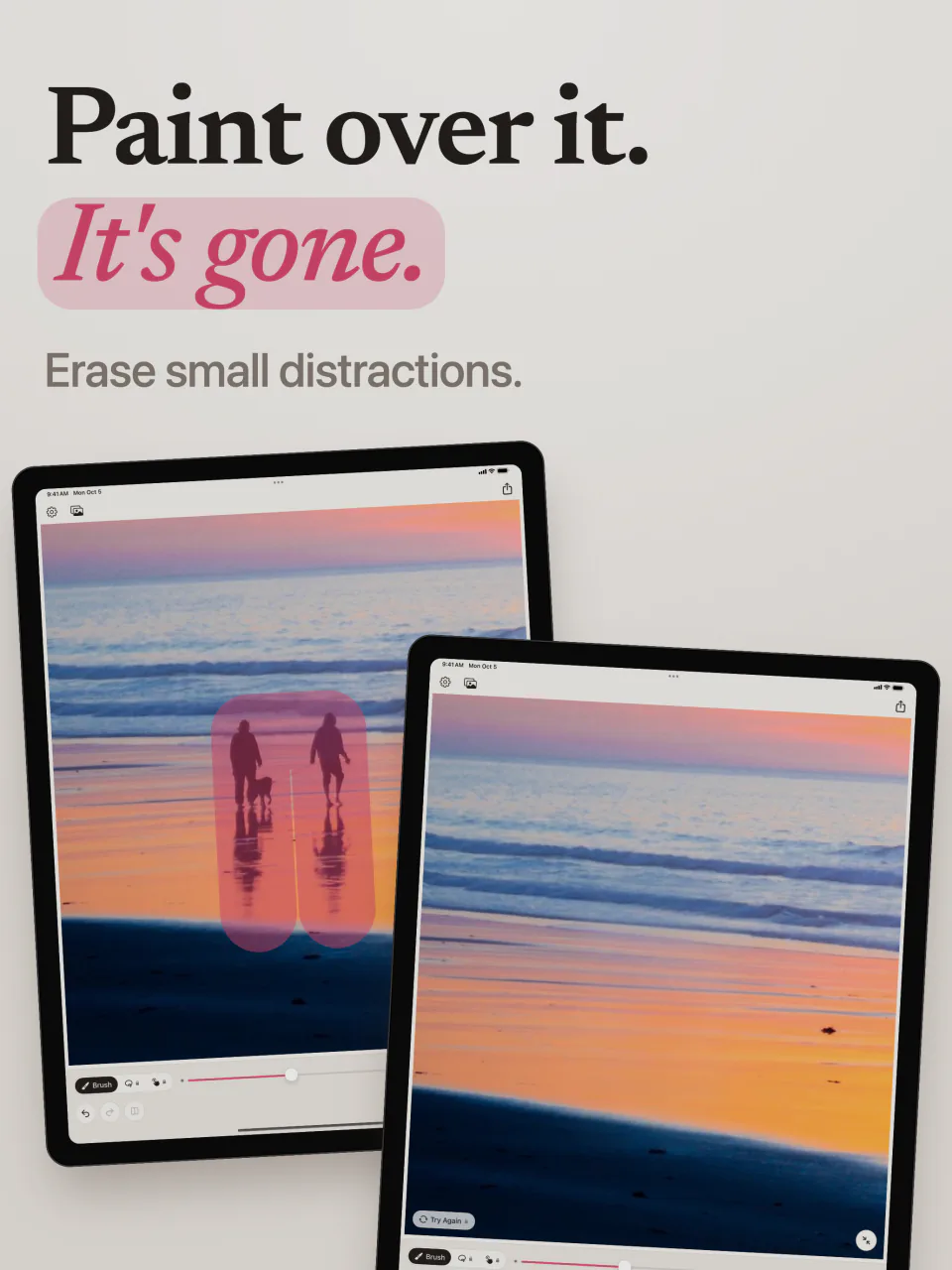 Mend on iPad with two people on a sunset beach painted over in pink, and the same beach with them erased
