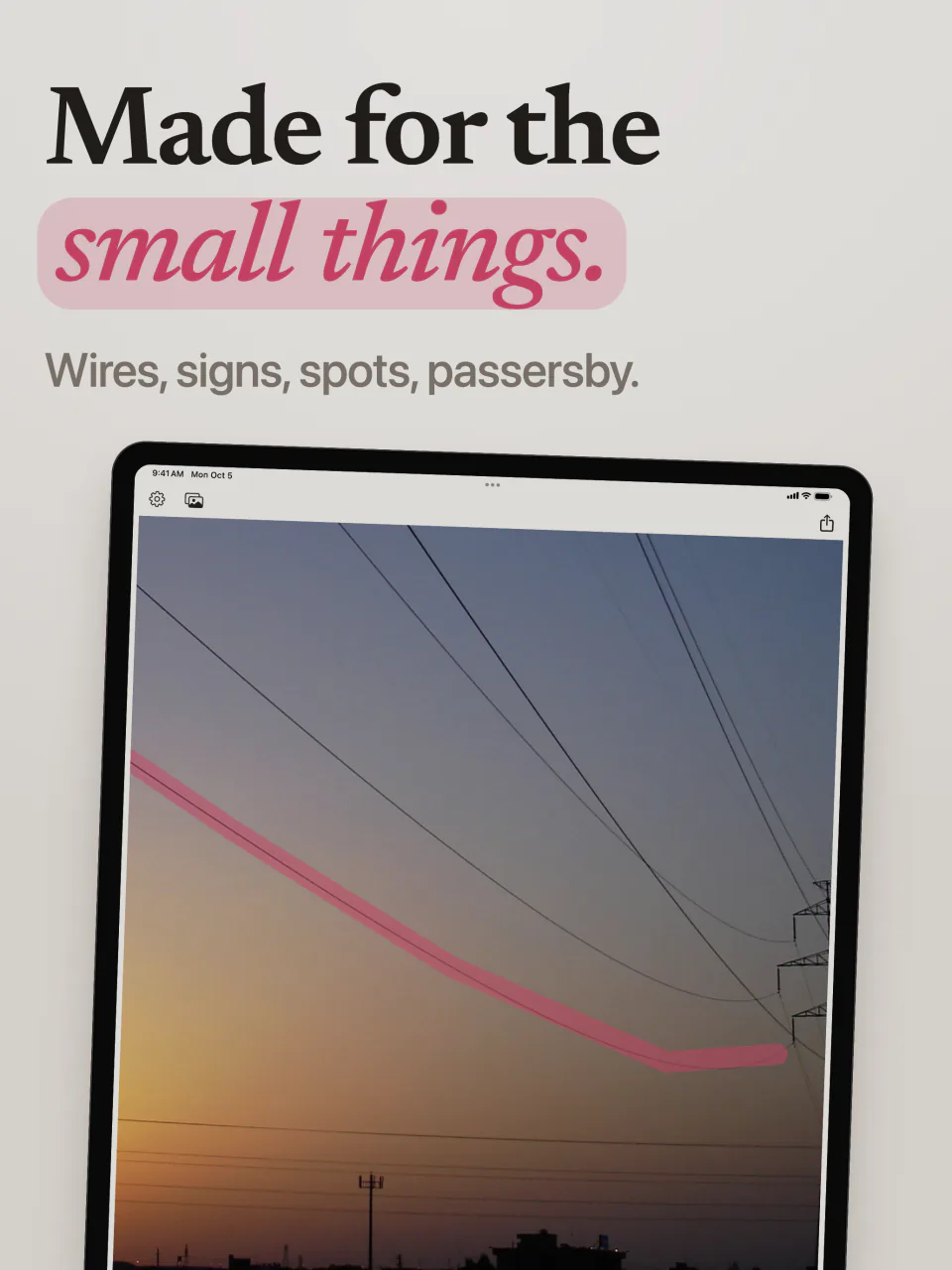 Mend on iPad with a pink stroke painted along a power line crossing an evening sky