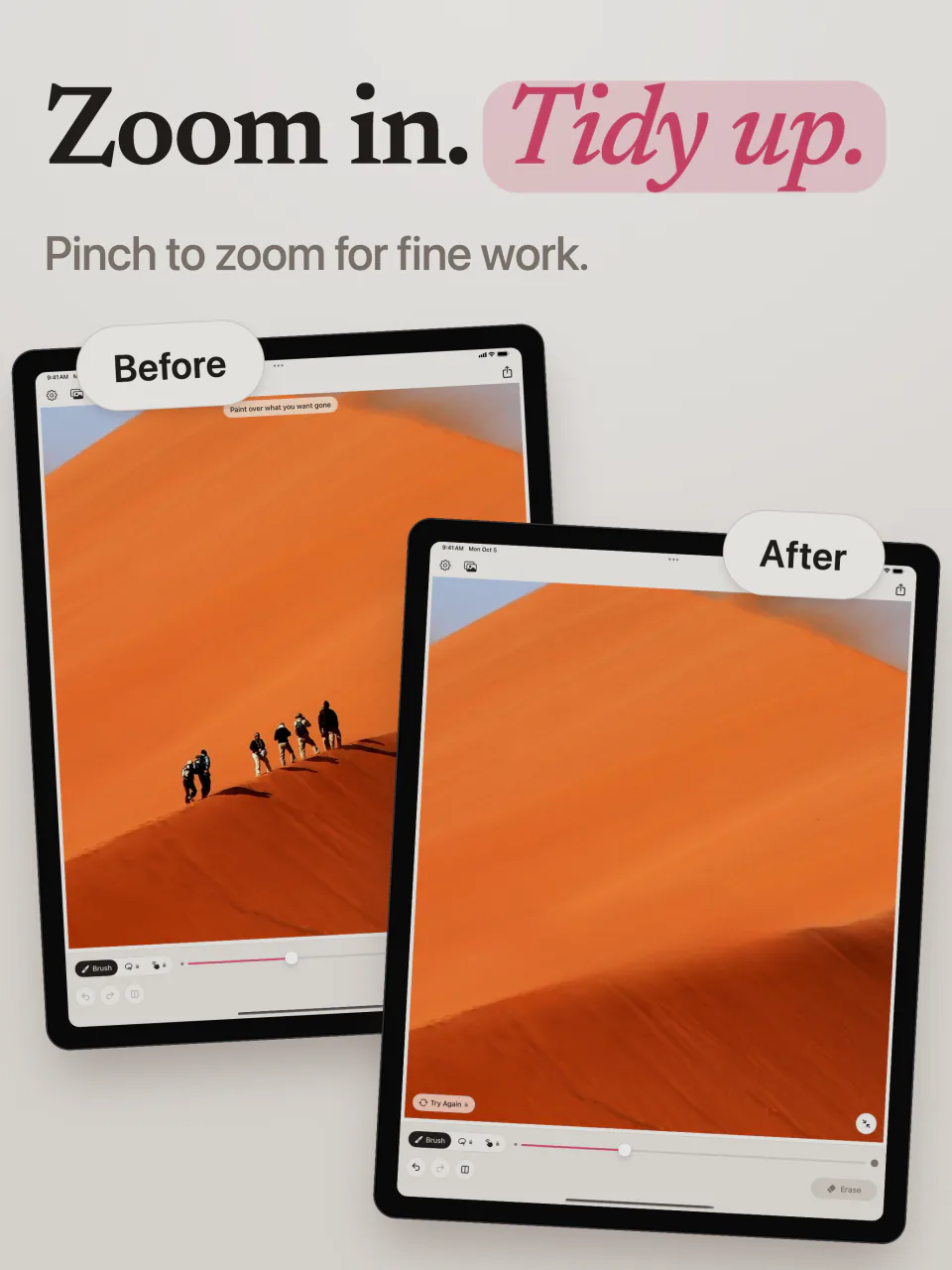 A photo of hikers on an orange sand dune before and after Mend on iPad erased them