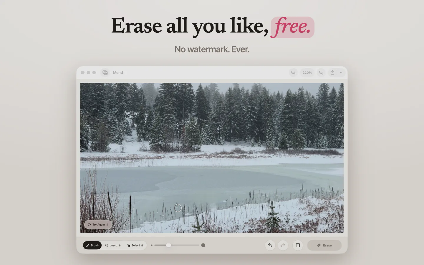 Mend on Mac showing a snowy lake with no watermark on the result