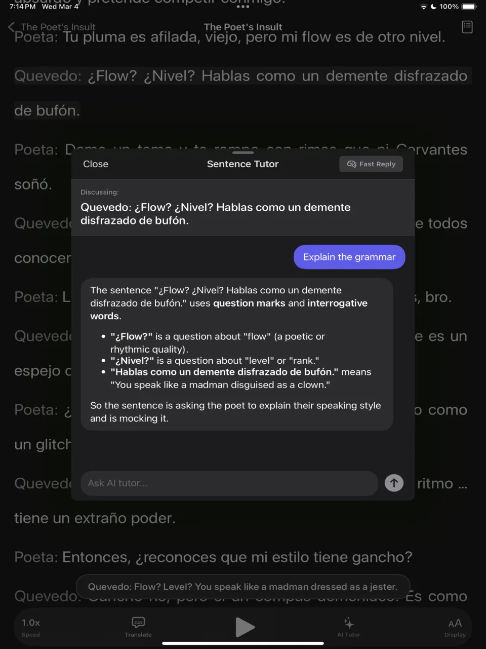 The Pique sentence tutor on iPad explaining the grammar of a line from a story