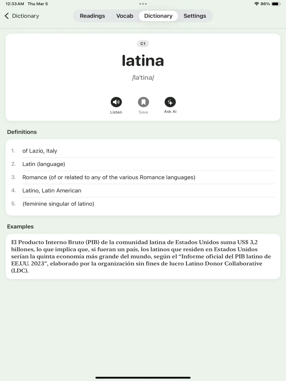 A Pique dictionary entry on iPad with definitions, pronunciation, and an example sentence