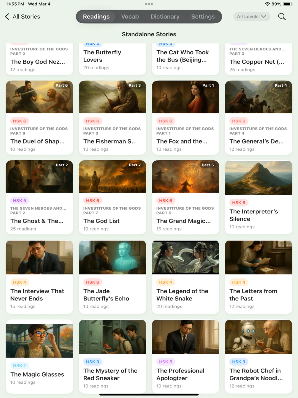 The Pique story library on iPad, with illustrated stories tagged by level