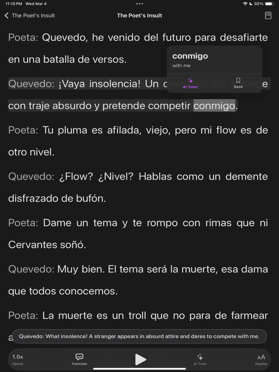 A Pique study flashcard on iPad with the meaning of a word and the sentence it came from