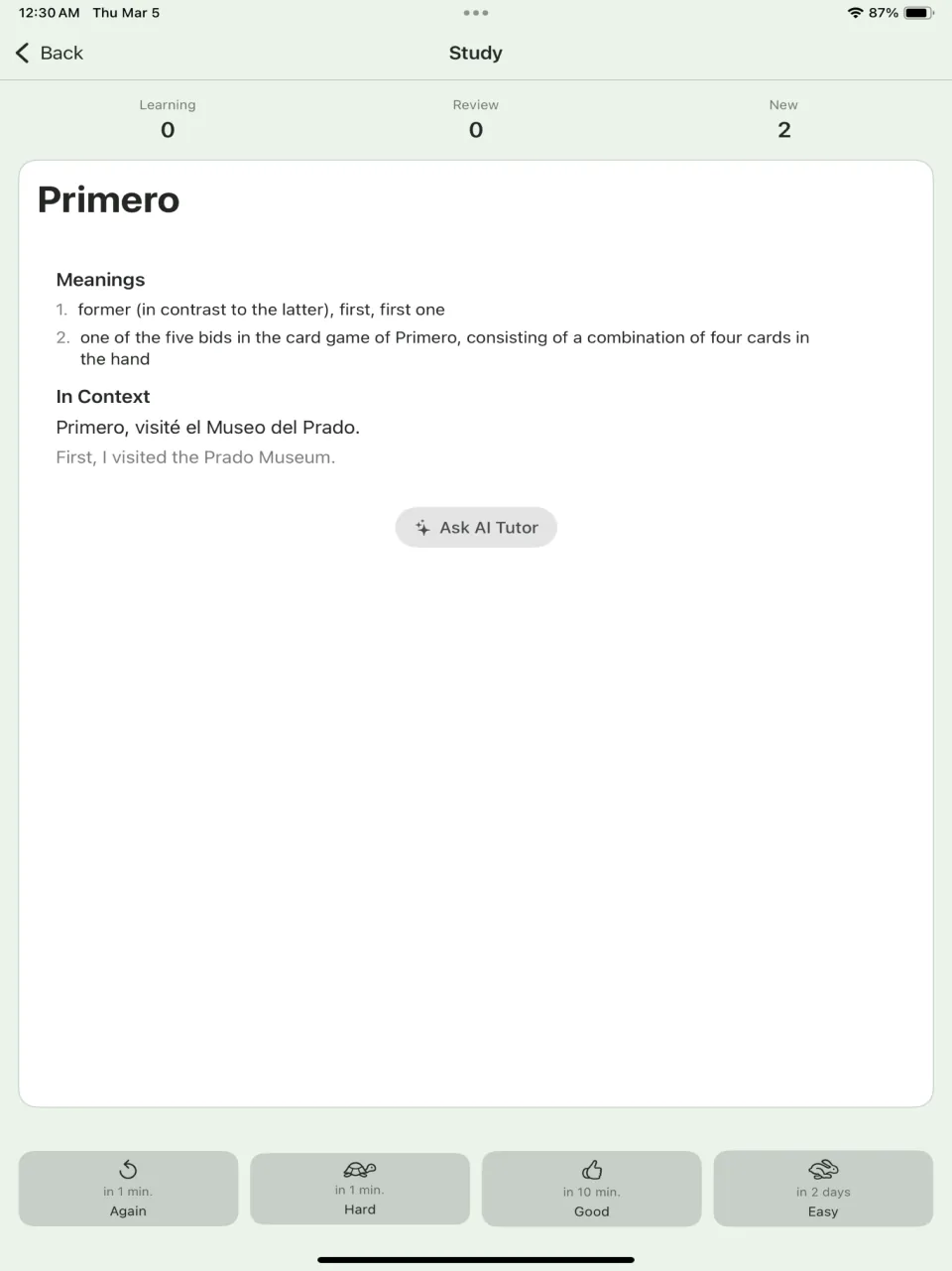 Reading a Spanish story in Pique on iPad, with a tapped word translated in place