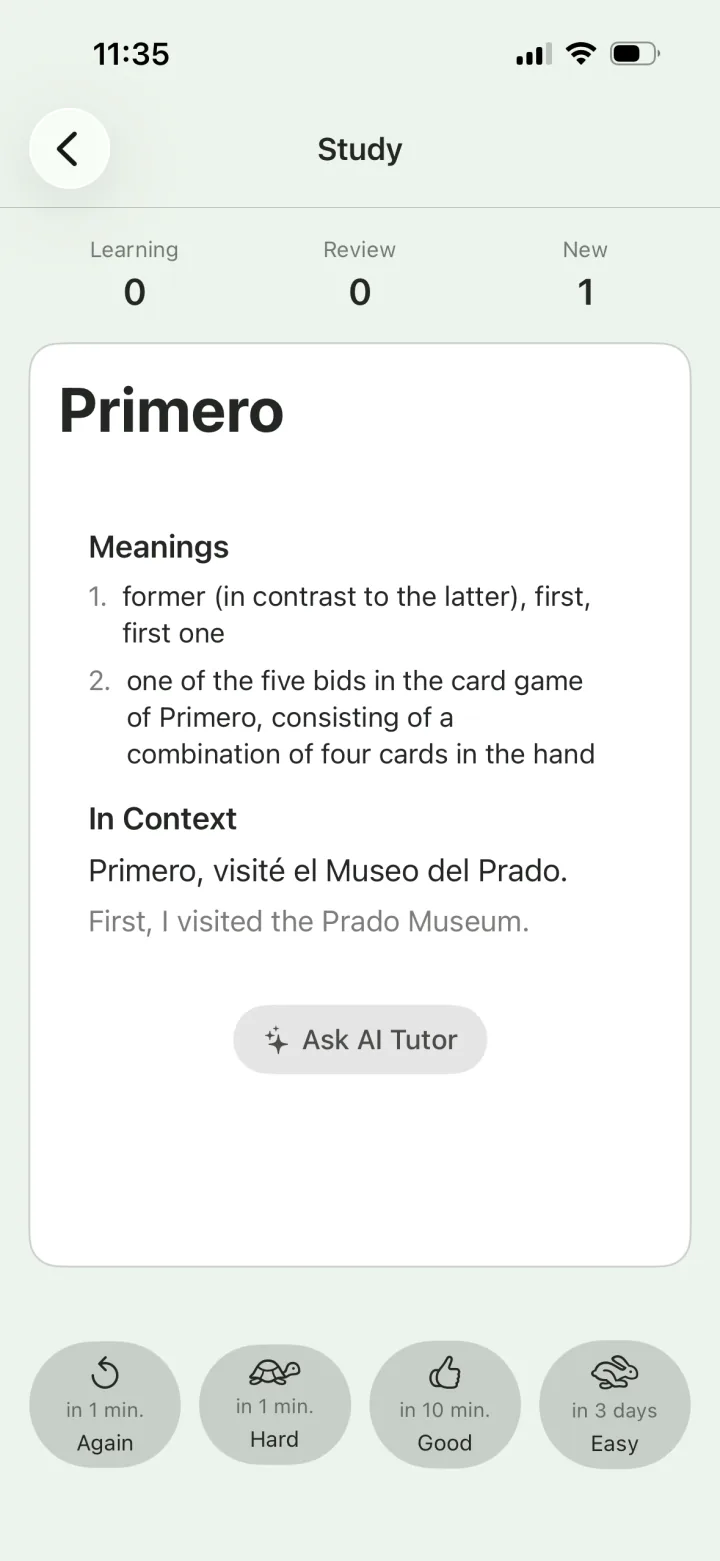 A Pique study flashcard on iPhone with a word's meanings and the sentence it came from