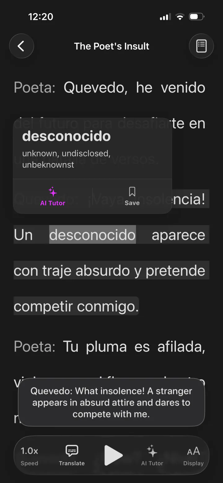 Reading a Spanish story in Pique on iPhone, with a tapped word translated in place