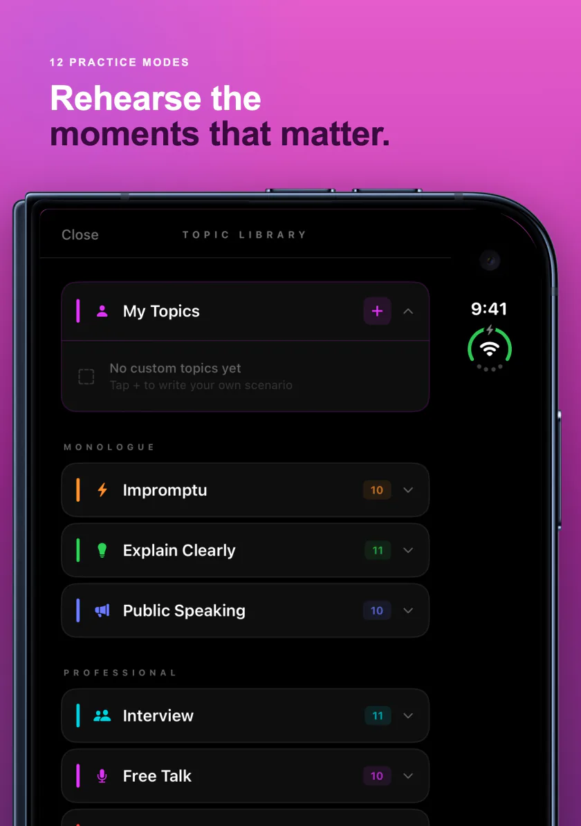 The practice modes on iPhone Duo, from impromptu speaking and interviews to first dates