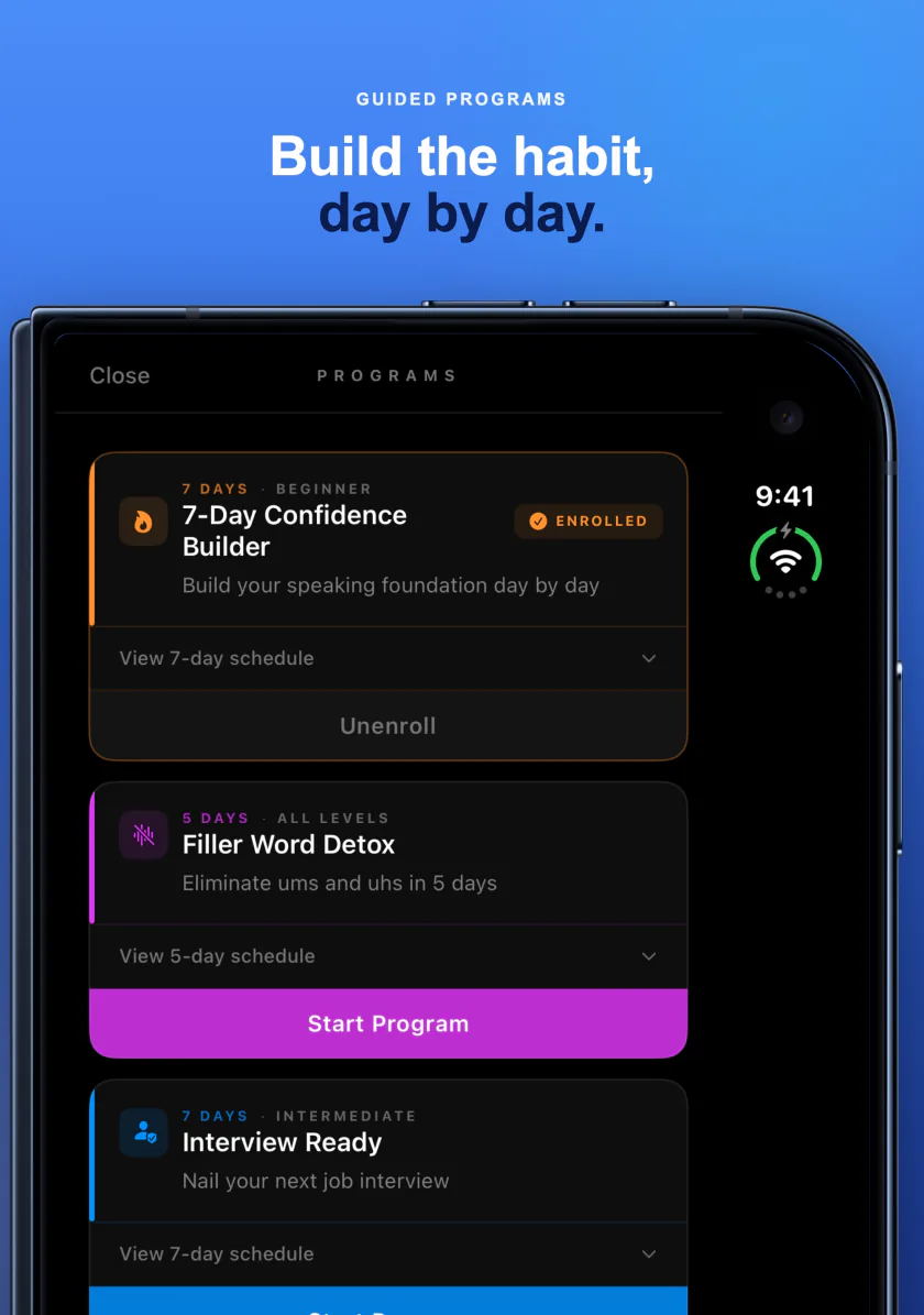 Guided programs on iPhone Duo such as a 7-day confidence builder and filler word detox