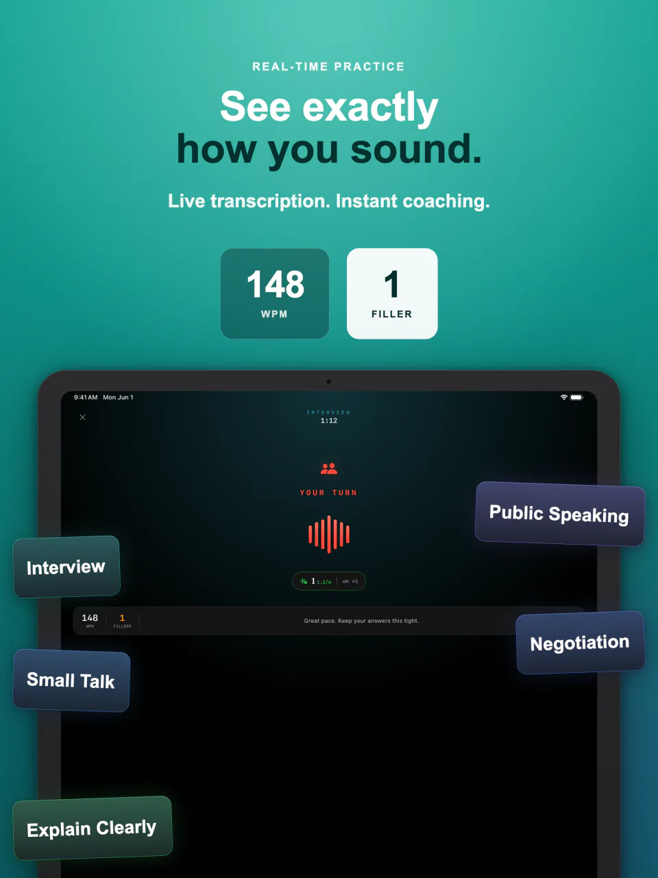Live transcription on iPad showing words per minute and filler words as you speak