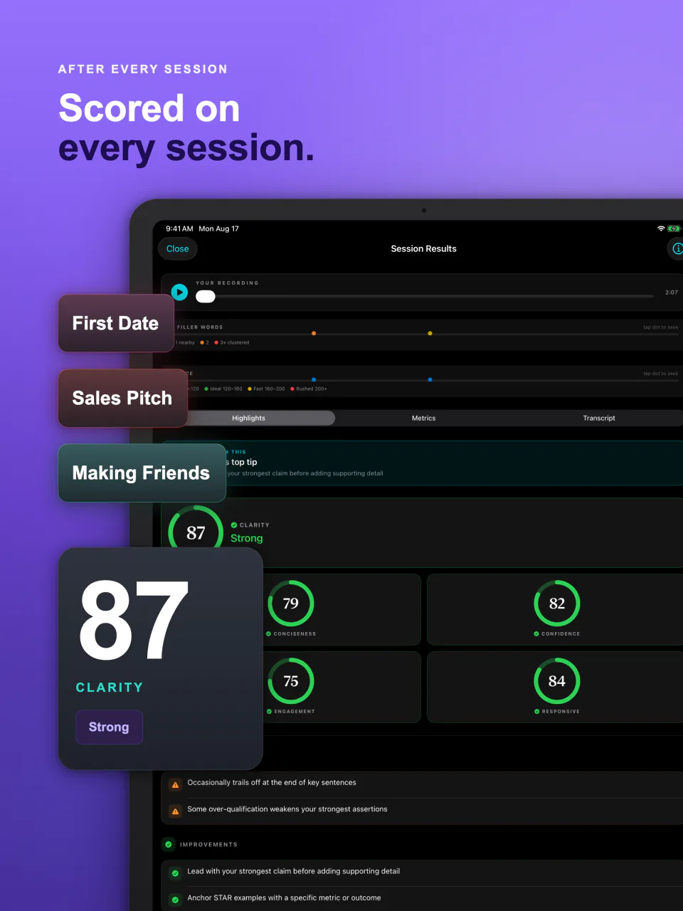 Session results on iPad with a clarity score of 87 and scores for each skill