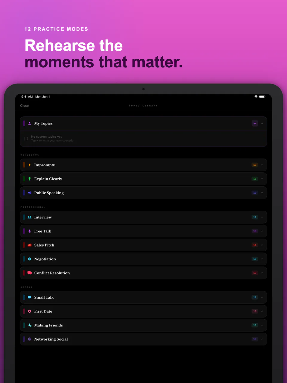The practice modes on iPad, from impromptu speaking and interviews to first dates
