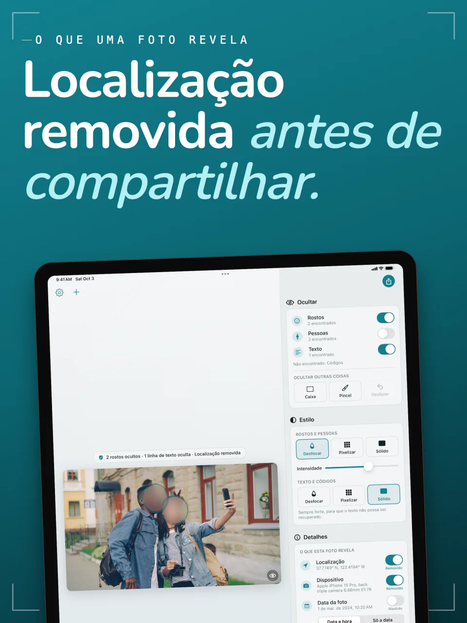 O Frost no iPad com a localização, o dispositivo e a data de uma foto, cada um com um botão para removê-lo