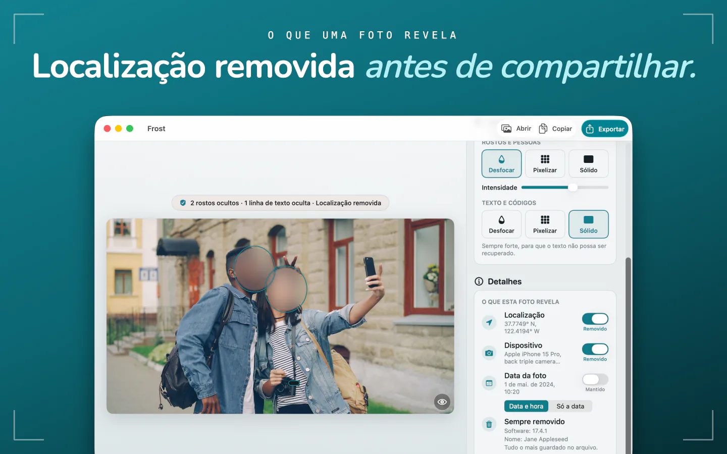 O Frost no Mac com a localização, o dispositivo e a data de uma foto, cada um com um botão para removê-lo