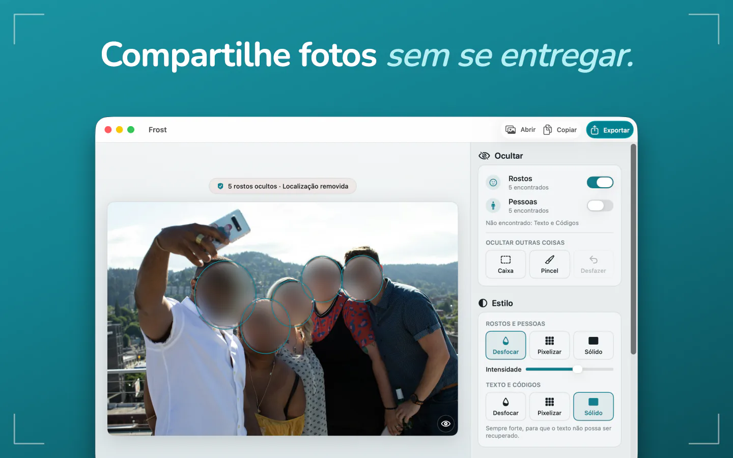 O Frost no Mac com uma foto de grupo, os rostos desfocados e a localização removida