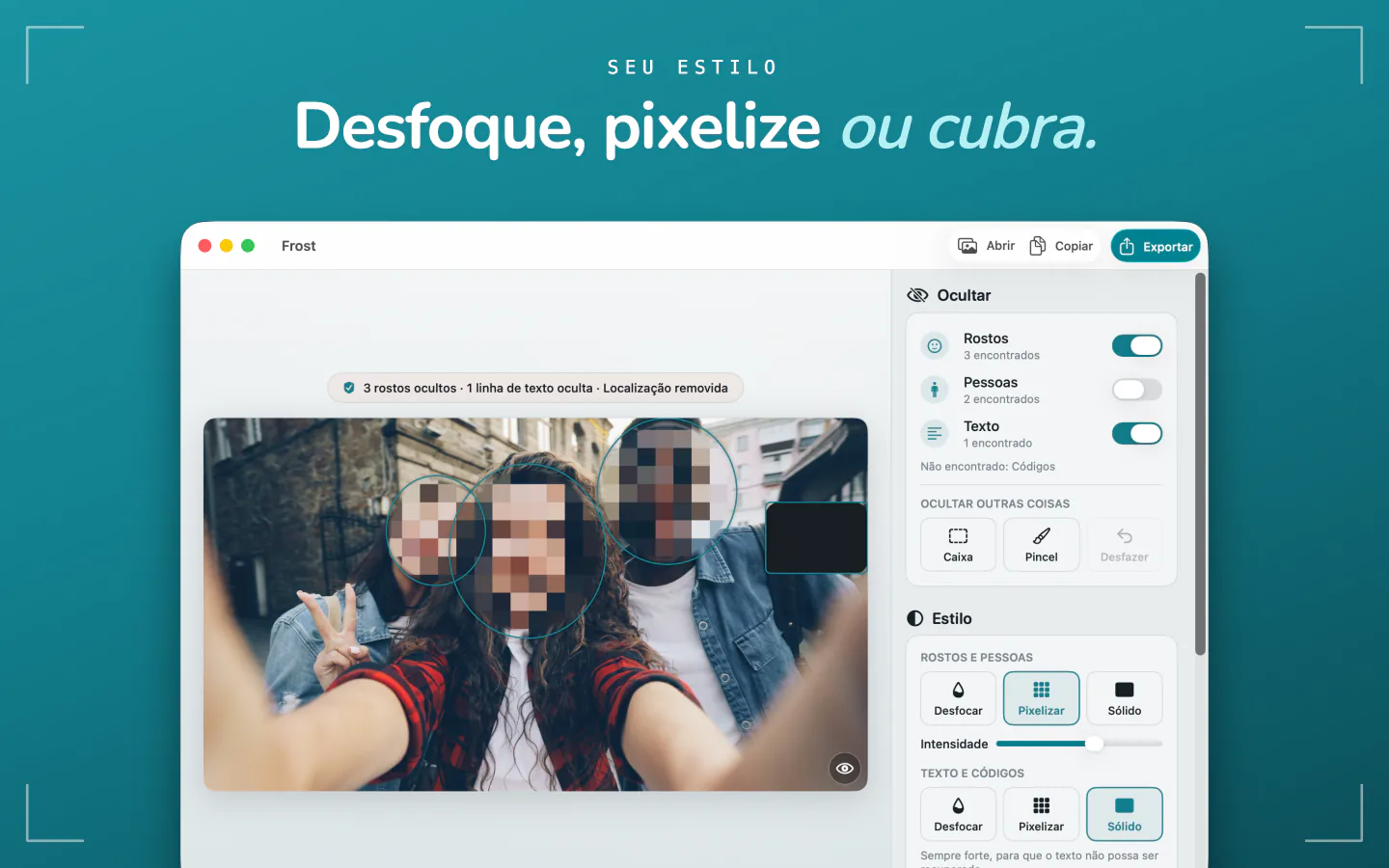 O Frost no Mac pixelizando os rostos de uma foto, com os estilos Desfocar, Pixelizar e Sólido
