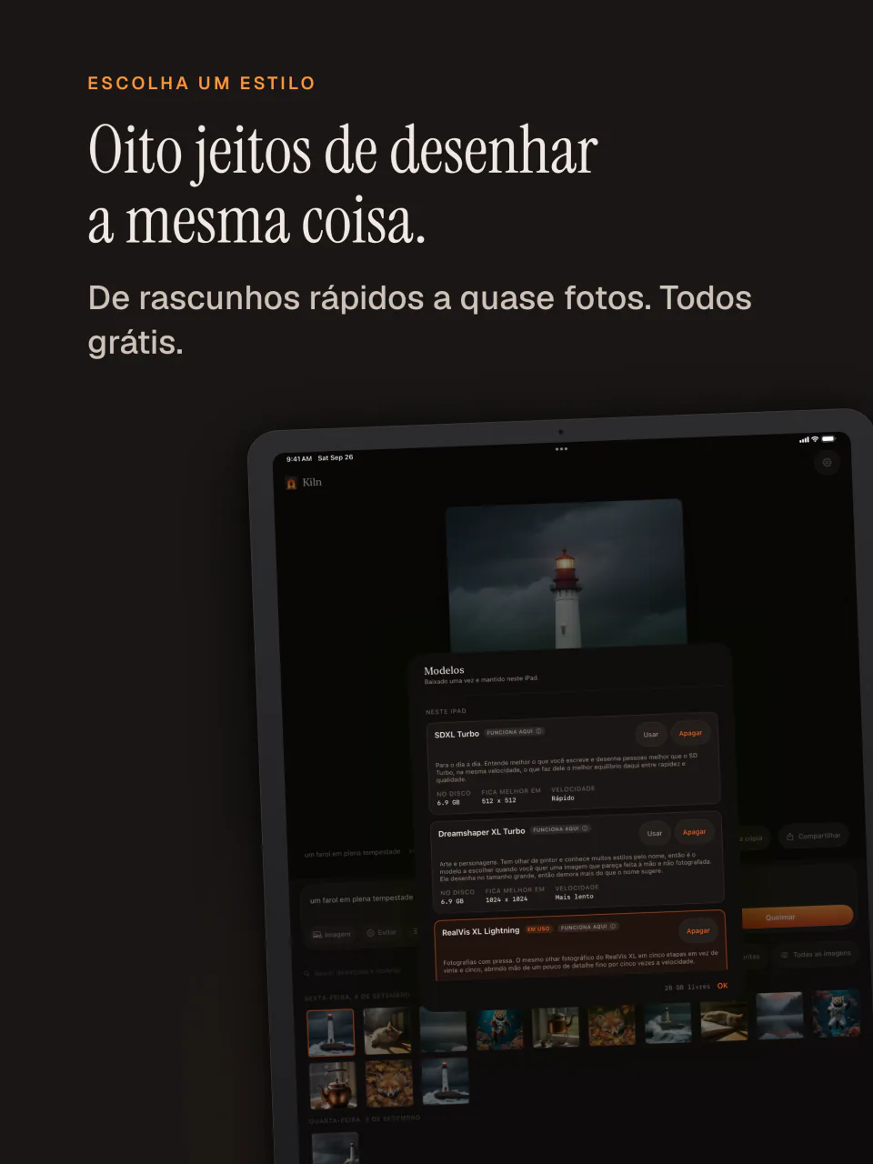 A lista de modelos do Kiln no iPad com oito modelos gratuitos