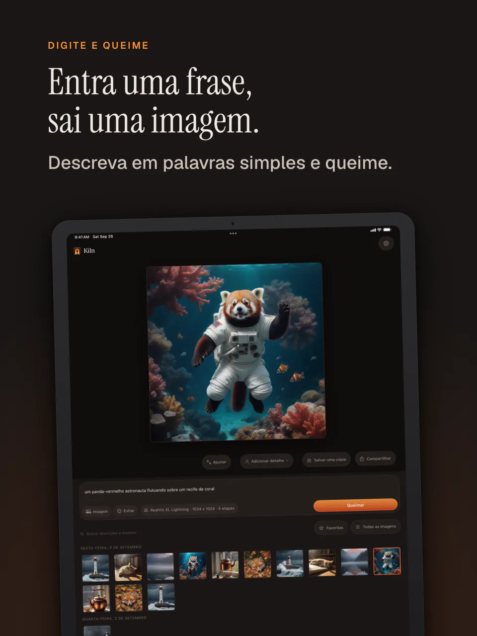Kiln no iPad: entra uma frase e sai uma imagem, aqui um panda vermelho astronauta