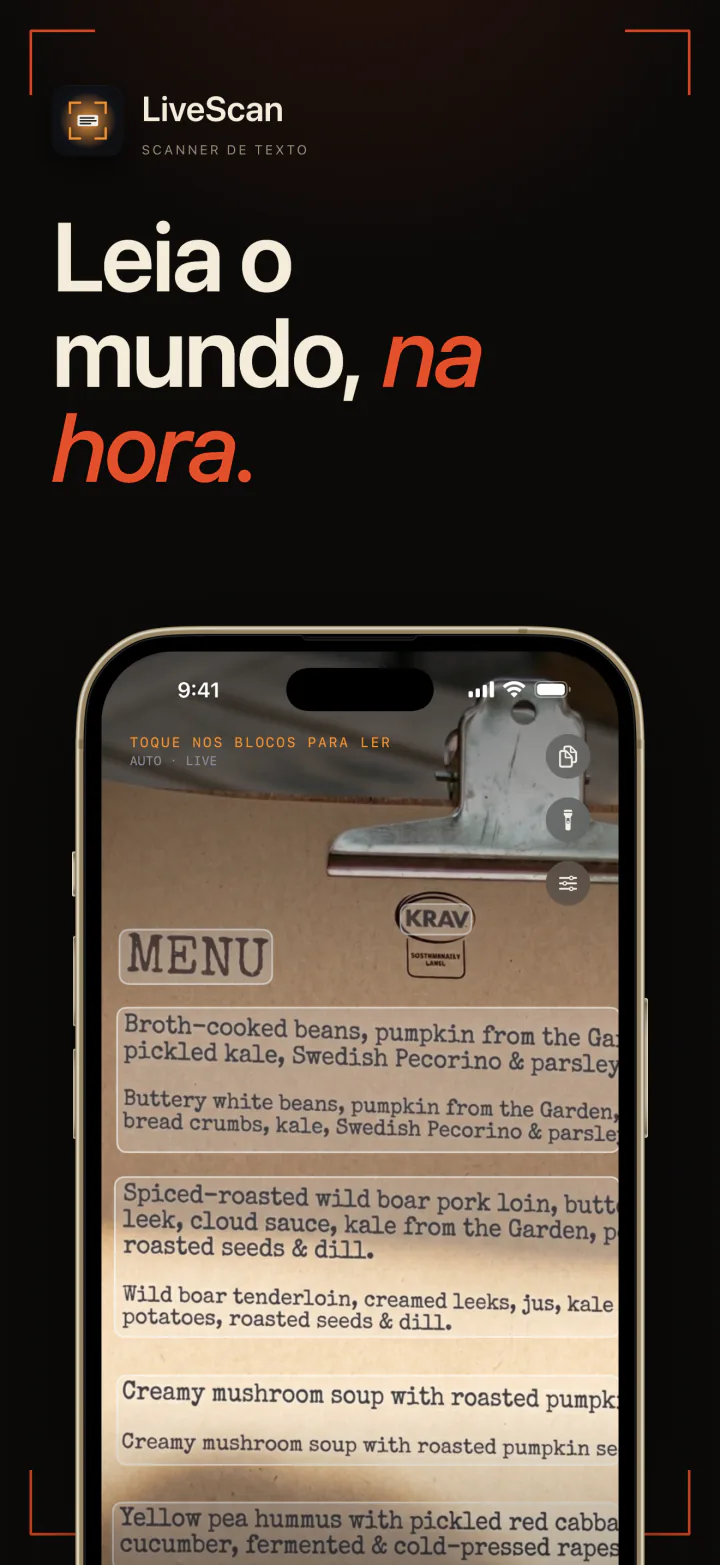 O LiveScan no iPhone destacando ao vivo no visor o texto de um cardápio de restaurante impresso