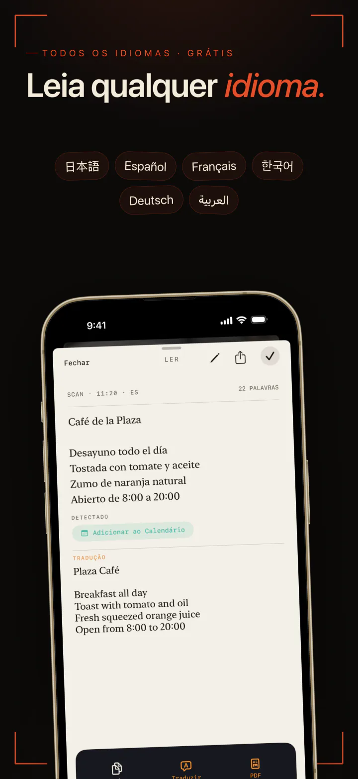 O LiveScan lendo o cardápio de um café em espanhol, com japonês, espanhol, francês, coreano, alemão e árabe entre seus idiomas