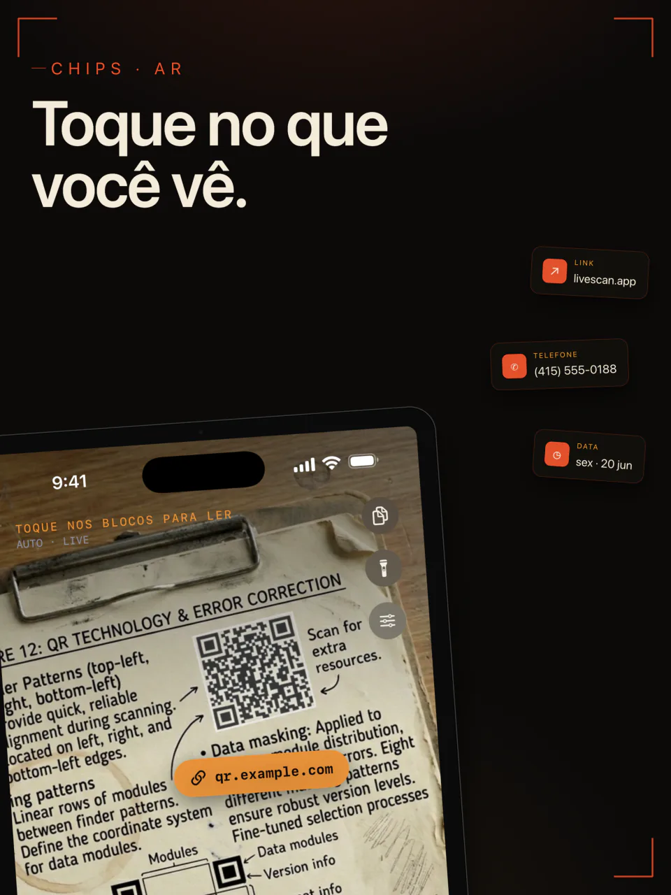 O LiveScan no iPad lendo um QR code e uma página impressa, com botões para um link, um telefone e uma data