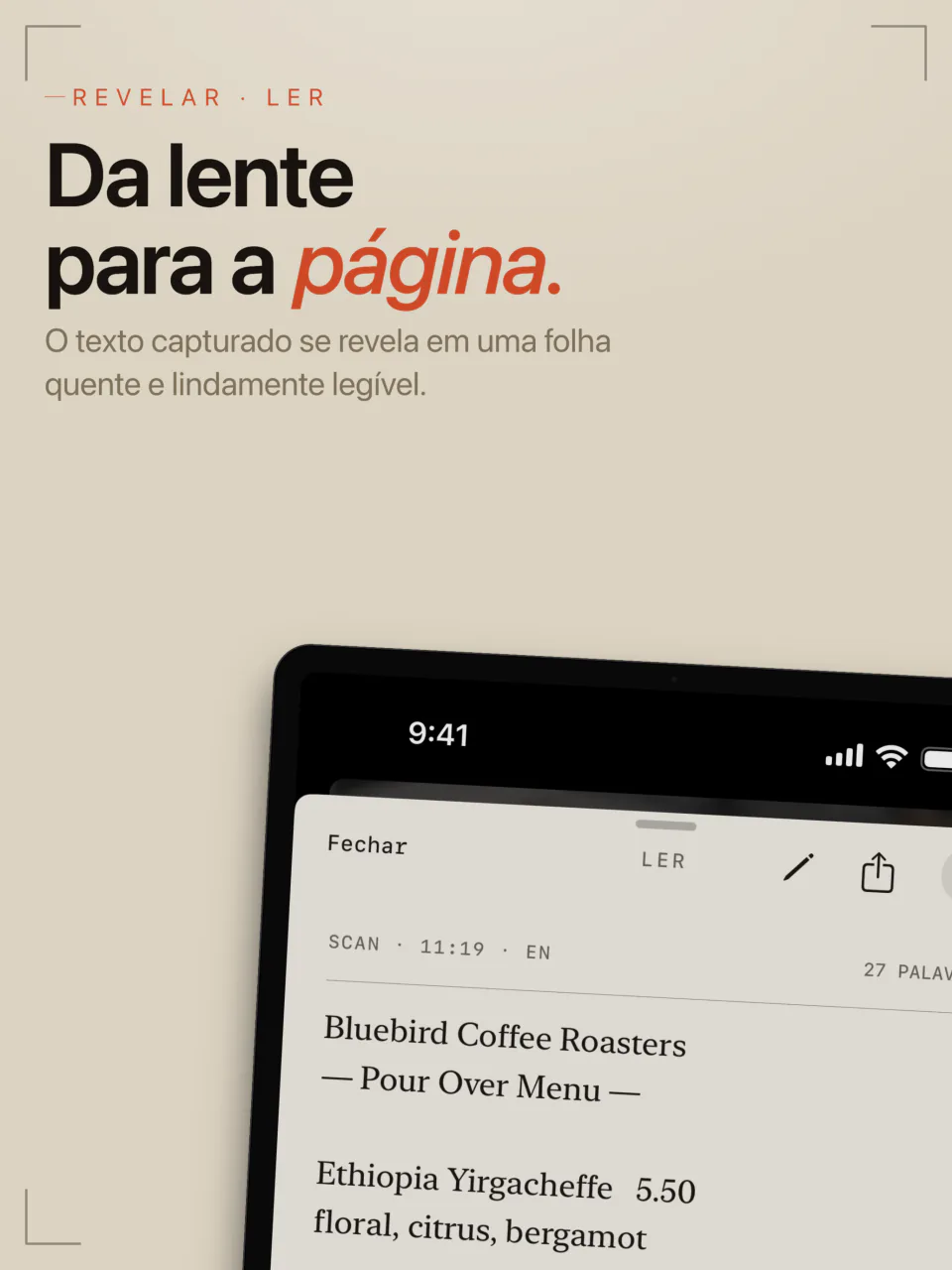 Texto capturado de um cardápio no iPad, mostrado na folha de leitura do LiveScan