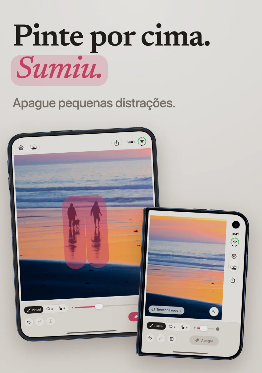 O Mend no iPhone Duo com duas pessoas pintadas de rosa numa praia ao pôr do sol, e a mesma praia sem elas
