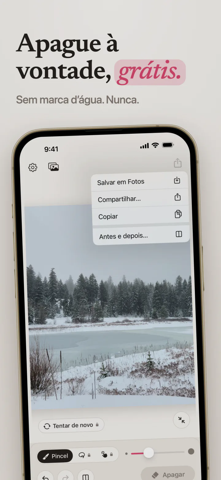 O Mend no iPhone com um lago nevado sem marca d’água e o menu com Salvar em Fotos, Compartilhar e Antes e depois