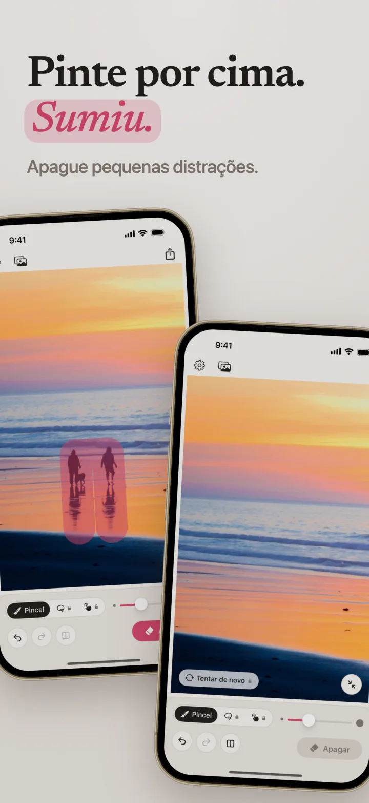O Mend no iPhone com duas pessoas pintadas de rosa numa praia ao pôr do sol, e a mesma praia sem elas