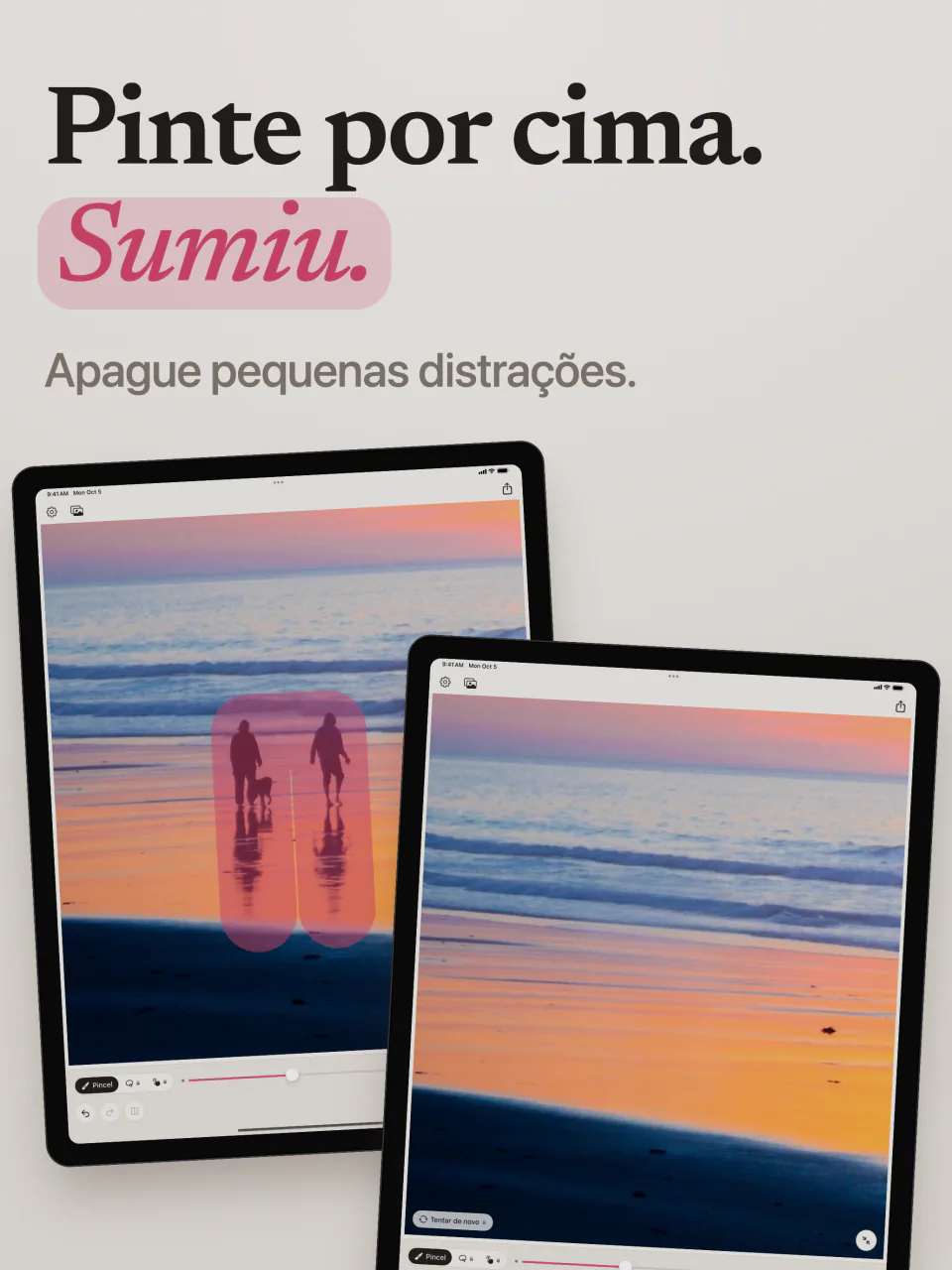 O Mend no iPad com duas pessoas pintadas de rosa numa praia ao pôr do sol, e a mesma praia sem elas